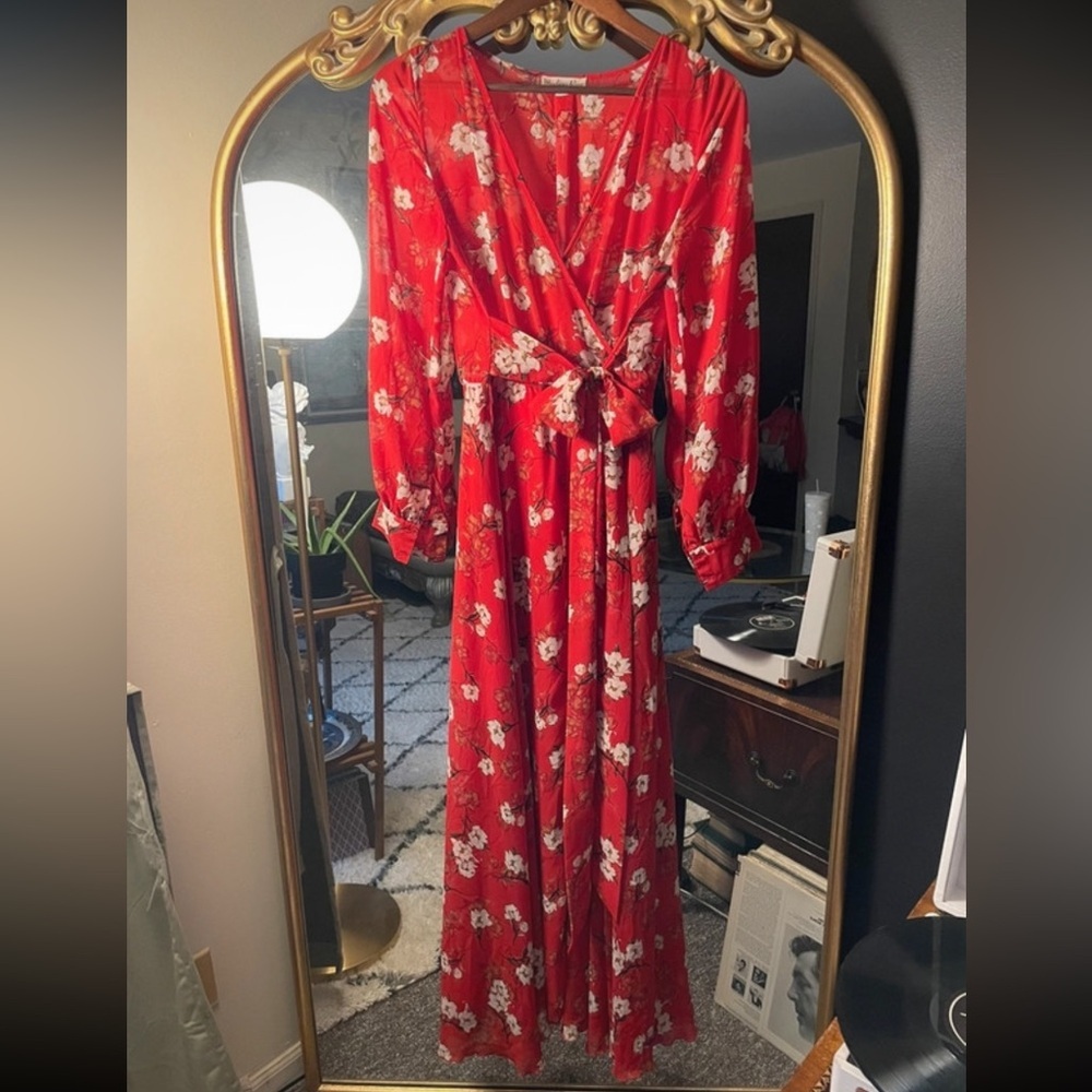 Indigo Rose Red Floral Faux Wrap Tie Waist Maxi Dress - Picture 1 of 5